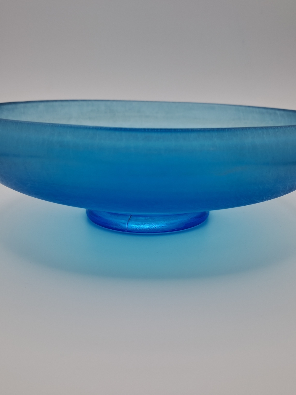 ​Vintage Satin Frosted Blue Glass Console Bowl Low Profile Footed Centerpiece